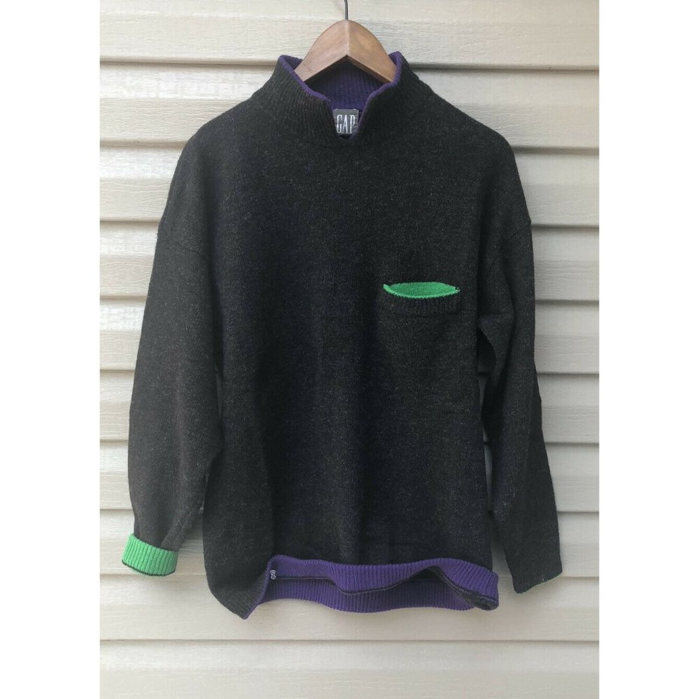 Vintage Gap Charcoal Lambs Wool Collar Pullover Sweater Small Long Color Block